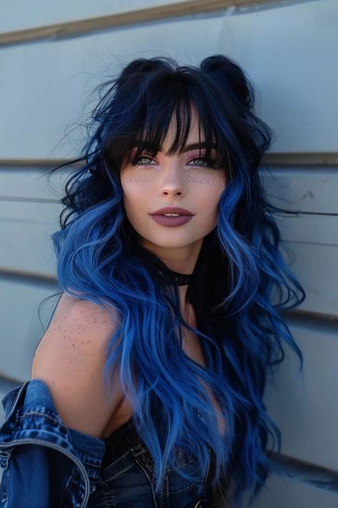 Hair Dye For Mexican Women, Dark Hair Colors Ideas, Dark Hair With A Pop Of Color, Colored Hair On Tan Skin, Brown And Coloured Hair, Vivid Ombre Hair, Makeup For Blue Hair, Blue Balayage Hair Brunettes, Cool Color Hair