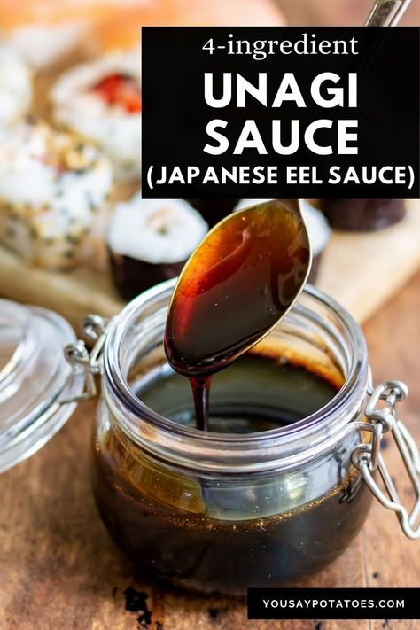 Jar of unagi sauce with a spoon coming out. Grilled Fish Sandwich, Eel Sauce Recipe, Eel Recipes, Unagi Sushi, Grilled Eel, Eel Sauce, Sweet Sushi, Unagi Sauce, Sushi Sauce