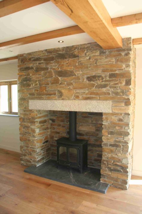 Fireplace Hearth Stone, French Stone Fireplace, Slate Fireplace Surround, Wood Stove Hearth, Log Burner Living Room, Hearth Stone, Cottage Fireplace, Slate Fireplace, Slate Hearth