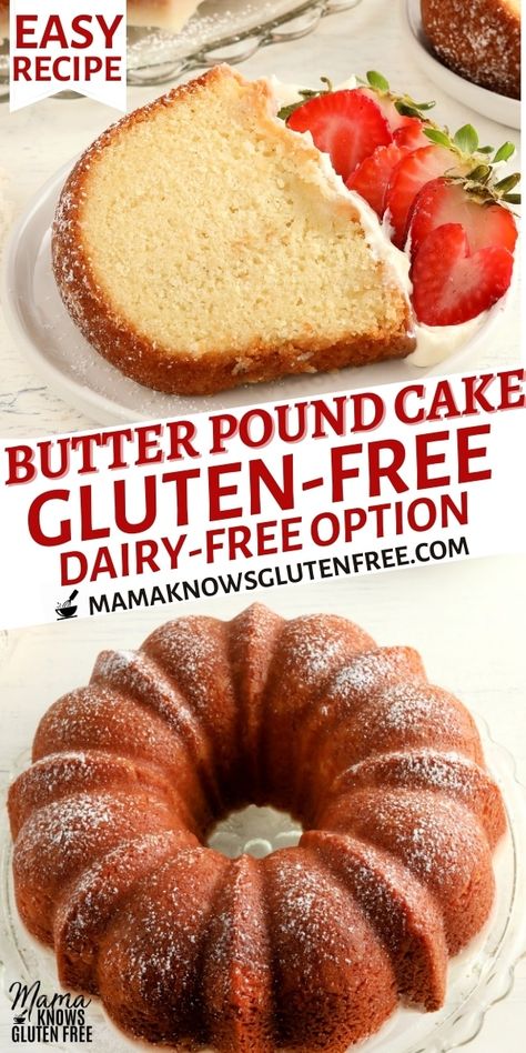 An easy recipe for gluten-free pound cake. This gluten-free dessert recipe also has a dairy-free option. Gluten Free Vegan Pound Cake, Best Gluten Free Birthday Cake, Gf Bundt Cake, Dairy Free Pound Cake Recipe, Gf Cakes Recipes, Gluten Free Pound Cake Easy, Gf Pound Cake Recipe, Gluten Free Pound Cake Recipes Moist, Vegan Gluten Free Cakes