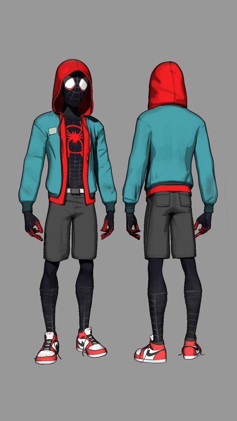 Miles Morales Reference Sheet, Miles Morales Character Design, Miles Morales Suit, Miles Morales With Hoodie, Miles Morales Concept Art Suit, Miles Morales First Suit, Spider Man Across The Spider Verse Character Design, Spider Man Miles Morales Suit, Spiderman Costume Miles Morales