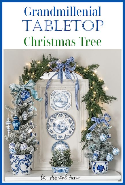 Grandmillenial Chinoiserie Tabletop Christmas Trees Chinoiserie Christmas Decor, Diy Chinoiserie, Chinoiserie Christmas Tree, Jar Ornaments, Chinoiserie Ornaments, Chinoiserie Patterns, Tabletop Christmas Trees, Christmas Tree Stands, Preserved Boxwood