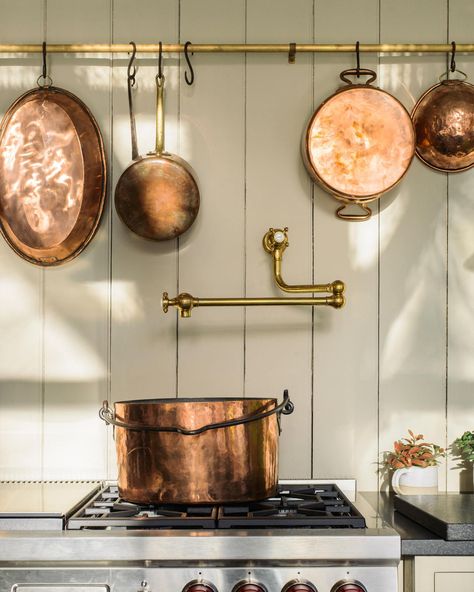 deVOL Aged Brass Hanging Rail | deVOL Kitchens Brass Pot Filler, Kitchen Rails, Rustic Pots, Hanging Pans, Devol Kitchens, Minimal Kitchen, Home Features, Pot Filler, Cottage Kitchens