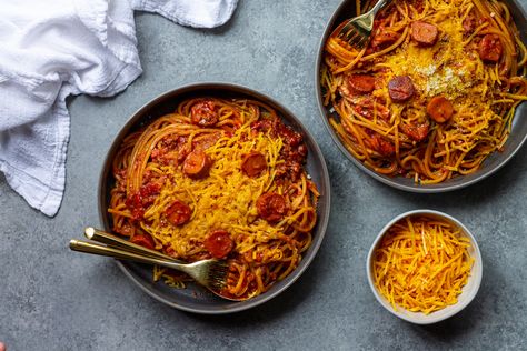 Vegan Filipino Spaghetti - Eat Figs, Not Pigs Vegan Filipino, Filipino Spaghetti, Vegan Hot Dog, Italian Spaghetti, Vegan Cheddar Cheese, Creamy Pasta Dishes, Sausage Spaghetti, Vegan Parmesan Cheese, Vegan Cheddar