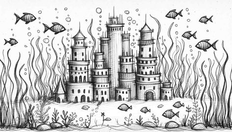 underwater atlantis drawing ideas Underwater Castle Drawing, Underwater City Drawing, Under Water Sketch, Undersea Drawing, Underwater Art Drawing, Atlantis Drawing, Underwater World Drawing, Underwater Doodles, Atlantis Art