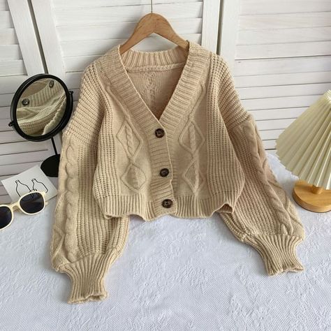 V-Neck Plain Button-Up Cable Knit Cardigan Total Length Bust Shoulder-Sleeve 50 150 60 measurement is cm.Product Information Material: 95% Knitted Fabric Color: Black