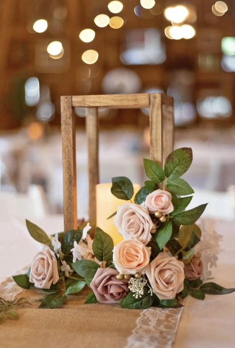 Wooden Frame Centerpieces, Wooden Wedding Centerpieces Diy Rustic, Lantern Boho Centerpieces, Blush And Sage Wedding Centerpieces, Hobby Lobby Centerpieces Wedding, Wood Frame Centerpiece Wedding, Diy Wedding Lanterns Centerpieces, Lantern Flower Centerpiece, Wedding Table Centerpieces Lanterns