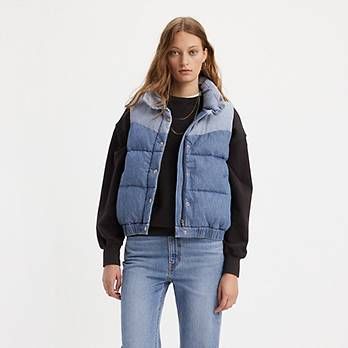 Juno Western Puffer Vest - Medium Wash | Levi's® US Light Wash Levis, Go West, Jodhpur, Puffer Vest, Juno, Recycled Cotton, Karl Lagerfeld, Cotton Fiber, Blue Denim