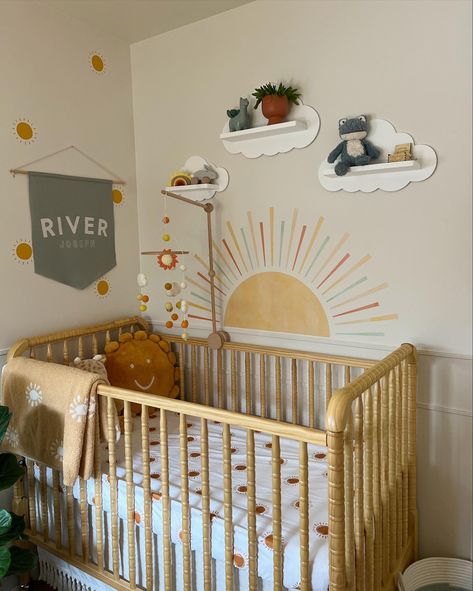 Cozy sunshine nursery Nursery With Sun Wall, Sunshine Theme Bedroom, Sunshine Theme Nursery, Sun Theme Nursery, Sun Themed Room, Sun Nursery Theme, Terra Cotta Nursery, Sun Themed Nursery, Sunshine Themed Nursery