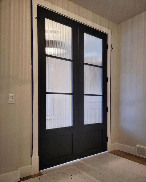 Reeded glass office doors we built and installed in this new home! #doors #glass #modernrustic #build #create #design Reeded Glass Front Door, Fluted Glass Front Door, Reeded Glass Door, Glass Office Doors, Glass Pocket Door, Glass Entrance Doors, Glass Pocket Doors, Office Doors, Glass Pantry