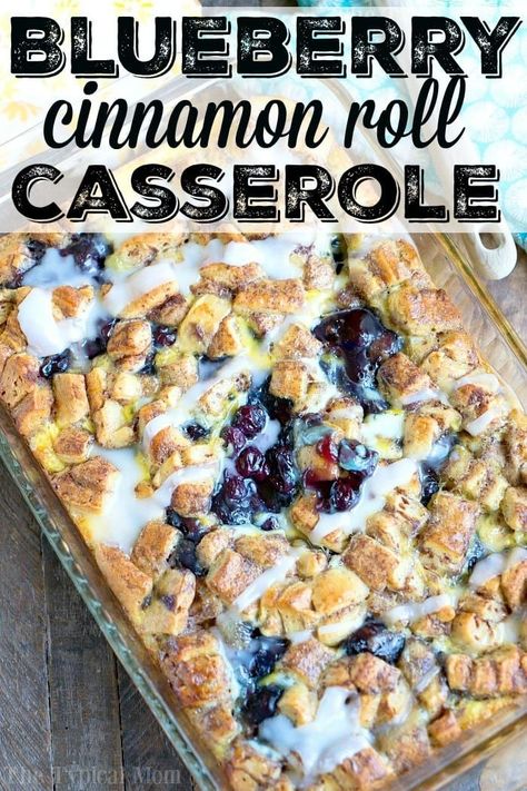 This easy cinnamon roll breakfast casserole with blueberries is just amazing! Served for brunch or on Christmas morning it is a great way to make cinnamon rolls into a fruit casserole that everyone will love. Feeds 12 and costs under $10 to make which is a winner in my book! #cinnamonroll #casserole #breakfast #blueberry #fruit #easy Blueberry Cinnamon Roll Casserole, Potluck Breakfast, Cinnamon Roll Breakfast Casserole, Fruit Casserole, Cinnamon Roll Breakfast, Apartment Cooking, Blueberry Cinnamon Rolls, Breakfast Bakes, Monday Recipes