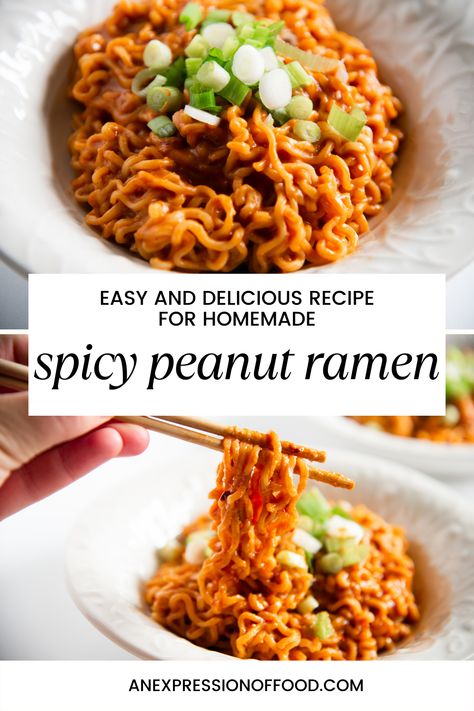 Spicy Thai Peanut Ramen, Ramen Noodles With Peanut Sauce, Kara And Nate Peanut Butter Ramen, Easy Spicy Peanut Noodles, Ramen With Peanut Butter, Peanut Butter Ramen Noodle Recipes, Ramen Peanut Noodles, Spicy Peanut Ramen, Spicy Peanut Butter Ramen