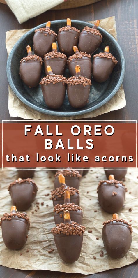 These acorn shaped oreo balls are the perfect fall oreo ball. Peanut butter oreo balls made to look like acorns! #oreoballs Oreo Cookie Balls Recipe, Cookie Balls Recipe, Jul Kaka, Oreo Cake Pops, Thanksgiving Snacks, Peanut Butter Oreo, Oreo Balls, Healthy Thanksgiving, Cookie Ball