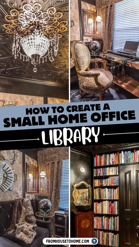 Turn a small beige bedroom into a cozy home office library with built-in bookshelves, a reading nook, and gold decor ideas. Perfect for room makeover ideas and small spaces. Small Home Office Library, Small Home Library Room, Gold Decor Ideas, Small Home Library, Small Library, Floor To Ceiling Bookshelves, A Reading Nook, Home Library Rooms, Library Home