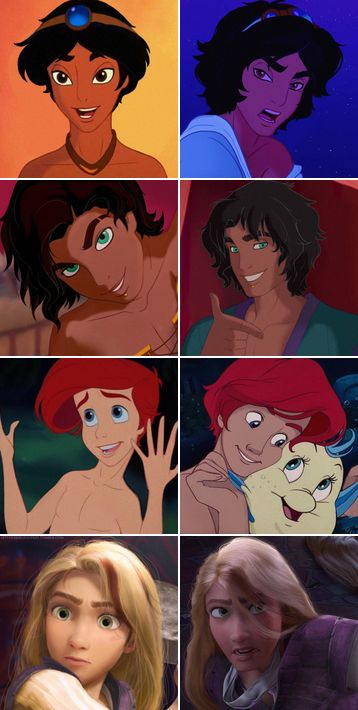 Disney Gender Bender (Aladdin, Esmerelda, Ariel, rapunzel) Disney Gender Swap, Gender Bent Disney, Humor Disney, Disney Gender Bender, Drawing Disney, Flipagram Instagram, Disney Princes, Disney Jokes, Art Disney