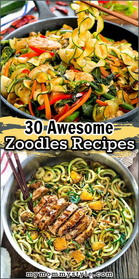 Have you ever wondered how to cook zoodles? We share some of the best tips for making zoodles along with 30 of the best recipes on the internet! Zoodles are a great low-carb, gluten-free, healthy option for pasta and they even taste great! If you have never tried them, click on this post, try one of the recipes and I guarantee you'll love them! Cooking Zoodles, Zoodle Recipes, Bruschetta Ingredients, Top Chicken Recipes, Healthy Zucchini, Veggie Noodles, Spiralizer Recipes, Mommy Style, Zucchini Noodles