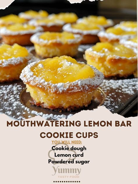 🍋🍪 Treat your taste buds to our Lemon Bar Cookie Cups—sweet, tangy, and utterly delicious! #LemonLove Mouthwatering Lemon Bar Cookie Cups Ingredients: Cookie dough (1 package) Lemon curd (1 cup (240 ml)) Powdered sugar (for dusting) Instructions: Press cookie dough into mini muffin tins. Bake until golden, add lemon curd. Chill and dust with powdered sugar. 🍋🍪 Experience the joy of these bite-sized wonders, perfect for dessert or a quick snack! #TinyTreatsBigFlavor Lemon Bar Cookie Cups, Cookie Dough Cups, Lemon Bar Cookies, Cookie Cups Recipe, Lemon Bar, Pudding Cookies, Tiny Treats, Lemon Pudding, Quick Snack