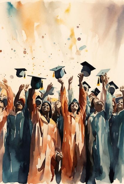 Graduation day watercolor people throwin... | Premium Photo #Freepik #photo #graduation-day #graduation-illustration #graduation #grad Graduation Art Ideas, Graduation Painting, Graduation Ball Dress, Graduation Illustration, Watercolor People, Graduation Ball, Watercolor Graduation, Graduation Hats, Brain Storm