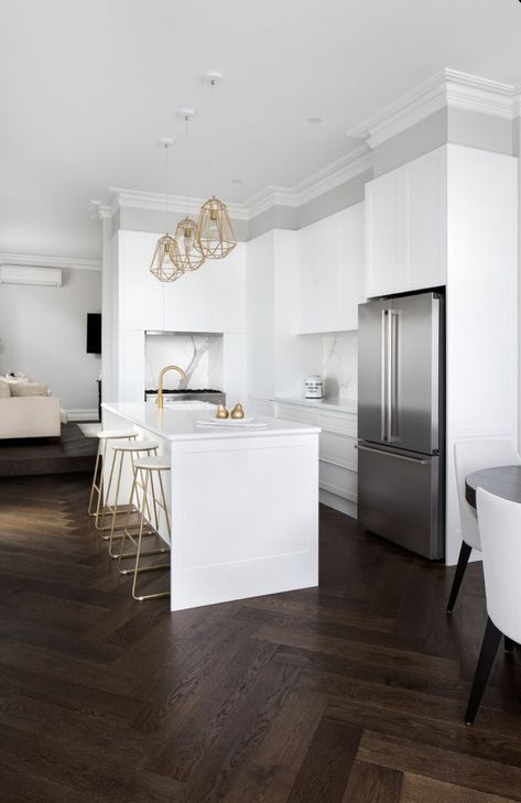 White Kitchen Dark Floors, Dark Wood Floors Living Room, Floors In Kitchen, Dark Kitchen Floors, Apartment Remodel, Spanish Homes, House Renos, Inspiring Homes, Hardwood Floors In Kitchen