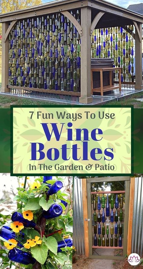 7 Ways To Use Old Wine Bottles In Your Landscape - Container Water Gardens | Wine bottle outdoor, Wine bottle garden, Old wine bottles Wine Bottles In The Garden, Wine Bottle Fence, Bottles In The Garden, Wine Bottle Outdoor, Empty Wine Bottle Crafts, Wine Bottle Garden, Reuse Wine Bottles, Wine Bottle Project, Wine Bottle Wall