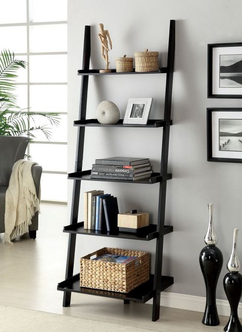 Features:  -Wood.  -Material: Solid wood, veneer.  Product Type: -Leaning.  Style: -Traditional.  Frame Material: -Manufactured Wood.  Shelving Included: -Yes.  Orientation: -Tall.  Back Panel: -Open. Black Ladder Shelf, Ladder Shelf Decor, Leaning Shelf, Leaning Bookcase, Ladder Bookshelf, Interior Vintage, Regal Design, Bookshelf Design, Wall Bookshelves