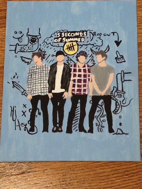 HOW DO PEOPLE DRAW THIS GOOD IM CONFUSED. 5sos Painting Ideas, 5sos Cartoon, Summer Acrylic Painting, 5sos Drawing, 5sos Fan Art, 5sos Art, Summer Painting, Five Seconds Of Summer, Simple Acrylic Paintings