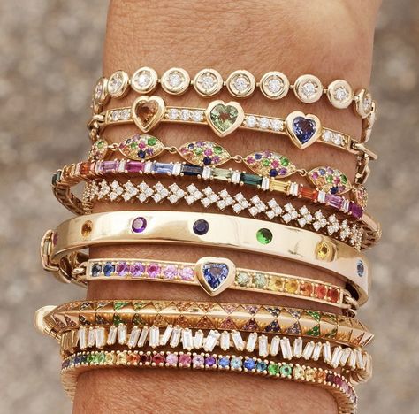 Diamond Tennis Bracelet Stack, Arm Party Bracelets, Gold Bracelet Stack, Party Bracelets, Gold Bracelets Stacked, Dope Jewelry Accessories, Rainbow Jewelry, Gold Rings Fashion, Arm Party