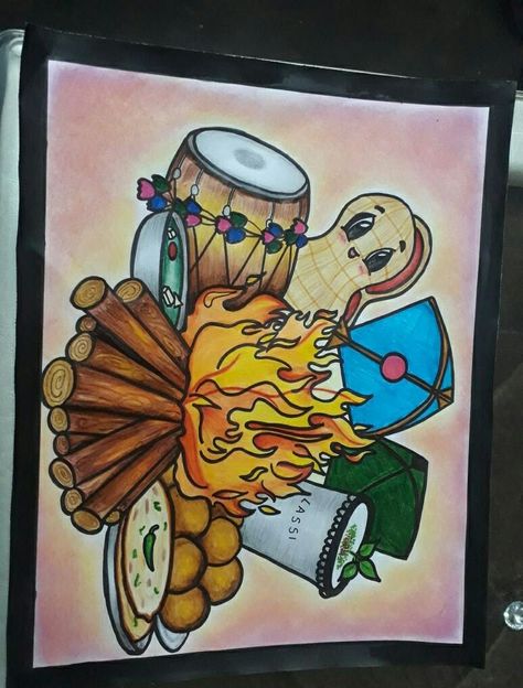 Baisakhi Poster Drawing, Baisakhi Drawing Ideas, Happy Lohri Chart, Lohri Festival Painting, Happy Lohri Drawings, Uttrayan Drawings, Baisakhi Festival Drawing, Drawing For Art Competition, Lohri Poster Ideas