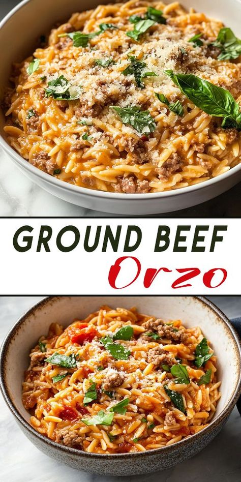 🥘 Hearty and delicious! This Ground Beef Orzo is made with simple ingredients but delivers BIG flavor. A family-friendly favorite! 🧄 #ComfortFood #EasyDinnerRecipes #FamilyMeals Quick Healthy Dinner Ground Beef, Creamy Ground Beef Orzo, Orzo Hamburger Recipes, Orzo With Ground Beef, One Pot Ground Beef Meals, Ground Beef Recipes Easy Quick Simple, Stuff To Make With Ground Beef, Orzo Beef Recipes, Hamburger Orzo Recipes