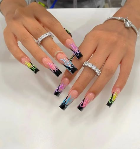 45 Top Homecoming nails with black nails 2021 to try - Page 5 of 5 - Mycozylive.com | Acrylic nails, Long acrylic nails coffin, Pink acrylic nails https://www.pinterest.com/pin/nails-by-dailynails31-on-instagram-12345-6--356910339229832034/ Nails And Rings, Rave Nails, Multicolored Nails, Black Acrylic Nails, Colorful Nail, Cute Acrylic Nail Designs, Glow Nails, Dope Nail Designs, Long Acrylic Nails Coffin