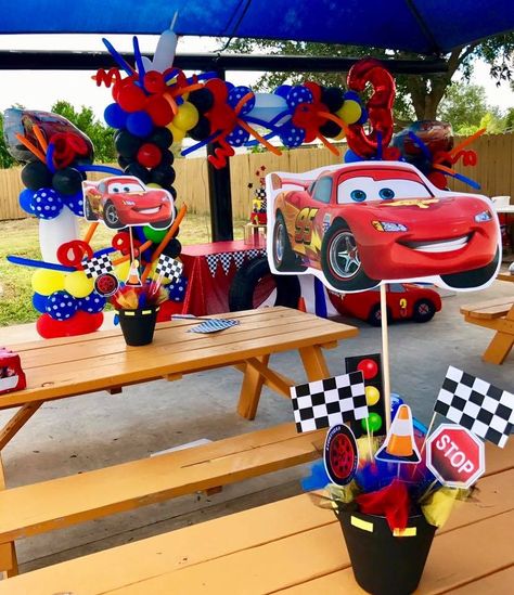 Lightning McQueen Lightning Mc Queen Birthday Party, Lighting Mac Queen Birthday Party, Lighting Mcqueen Centerpieces, Lightning Mcqueen Party Decorations, Lightning Mcqueen Party Ideas, Cars Lightning Mcqueen Birthday Party, Cars Theme Centerpiece Ideas, Mc Queen Party Ideas, Lightning Mcqueen Centerpieces