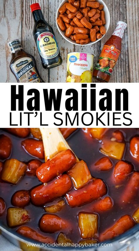 Lit’l Smokies are simmered in a sweet and spicy sauce with pineapple chunks for a fun Hawaiian flair. These Hawaiian Lit’l Smokies make a great appetizer for your next bbq or party and are absolutely perfect for any Luau themed gathering! Hawaiin Party Finger Foods, Lilo And Stitch Birthday Party Food Ideas, Finger Foods For Luau Party, Lilo And Stitch Recipes, Lilo And Stitch Party Food Ideas, Hawaiian Finger Foods, Moana Birthday Food Ideas, Lilo And Stitch Party Food, Lilo And Stitch Themed Food