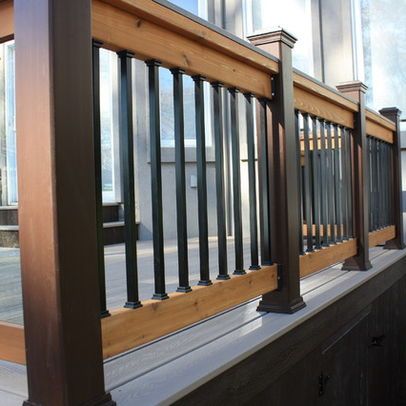 Deck rail  - this but with cable instead of vertical post - like the color railing - how to add white? Wood Deck Railing, Deck Railing Design, Iron Railings, Deck Colors, Railing Ideas, Deck Designs Backyard, Staining Deck, Deck Railing, Decks Backyard