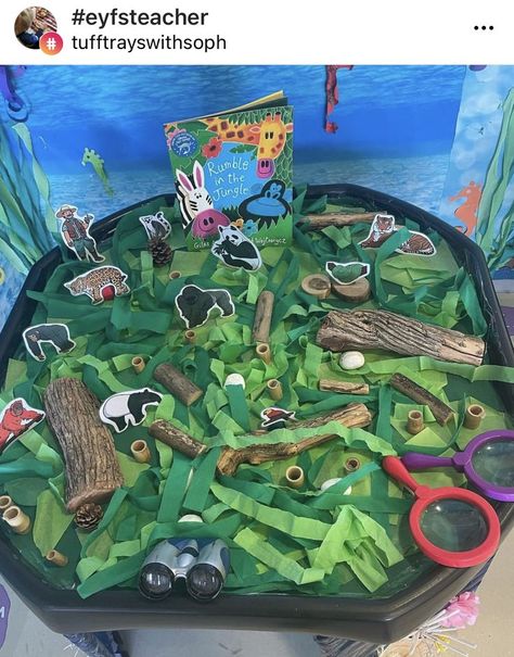 Jungle Themed Sensory Activities, Wild Animals Eyfs Activities, Jungle Nursery Activities, Rainforest Sensory Activities, Wild Animals Dramatic Play Preschool, Down In The Jungle Activities, Jungle Animals Tuff Tray, Jungle Themed Tuff Tray, Jungle Tuff Tray Eyfs