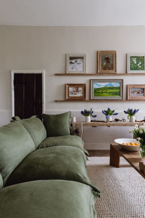 Maker&Son Co-Founder Alex Willcock Country Home Tour Photos | Apartment Therapy Leather Sofa Styling, Maker And Son, Beautiful Paint Colors, Breakfast Room Green, Wooden Dining Table Rustic, Green Sofa Living Room, Latest Sofa Designs, Green Couch, British Furniture