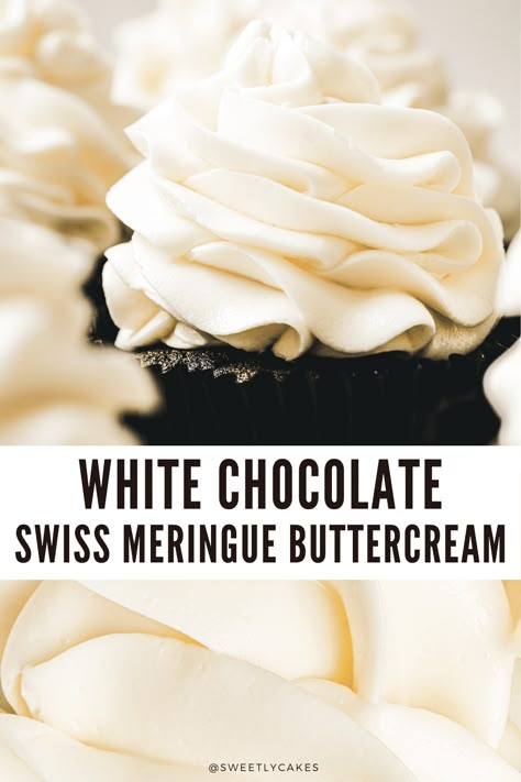 Best White chocolate Swiss meringue buttercream frosting recipe White Chocolate Frosting Recipe, Swiss Merengue, Silky Buttercream, Swiss Meringue Buttercream Frosting, Meringue Buttercream Frosting, Meringue Icing, White Chocolate Icing, Chocolate Buttercream Recipe, Chocolate Swiss Meringue Buttercream