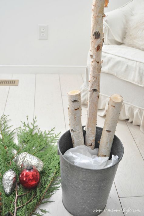 White Birch Christmas Tree Decorating Ideas, Birch Evergreen Planter, Birch Sticks In Planters, Wood Log Christmas Decor, Birch Sticks Christmas Decor, White Birch Logs Decor Rustic Christmas, Birch Wood Christmas Decor, Birch Branches Decor, Birch Christmas Planter