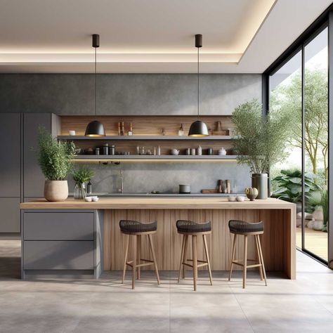 The Versatility of Grey in Today's Kitchen Designs • 333+ Images • [ArtFacade] Modern Kitchen Design Grey And Wood, Grey And Timber Kitchen, White Grey Wood Kitchen, Kitchen Grey Wood, Grey Wood Kitchen, Coastal Modern Kitchen, Modern Grey Kitchen Design, Modern Grey Kitchen, Light Wood Kitchens