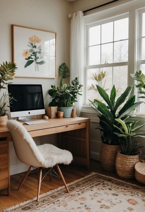 Feminine Boho Office, Yoga Room Office, Home Office Ideas Apartment, Women Office Ideas At Home, Woman's Home Office, Aesthetic Home Office Ideas, Scandinavian Home Office Ideas, Woman’s Home Office, Office In Living Room Apartment