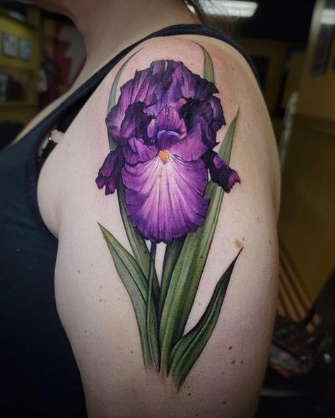 Iris And Hummingbird Tattoo, Bearded Iris Tattoo, Purple Iris Tattoo, Motherhood Tattoos, Iris Tattoo, Flower Tat, Japanese Flower Tattoo, Self Love Tattoo, Female Tattoo Artists