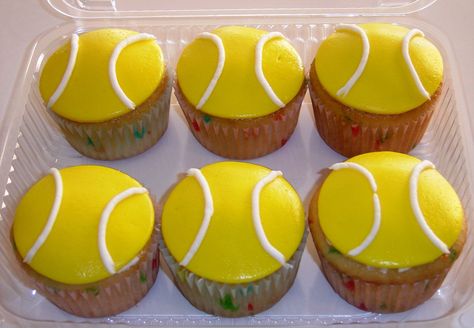 tennis ball cupcakes - For my son's tennis teacher just for fun. Funfetti cupcakes (per my son's request), MMF on top, BC piping. Lots of fun, and so easy! I saw a thread in the forums about how to get cupcakes to dome just before I started these. Worked like a charm! Tennis Cupcakes, Lemon Curd Cupcakes, Ball Cupcakes, Tennis Birthday Party, Tennis Cake, Wimbledon Party, Rodjendanske Torte, Tennis Birthday, Tennis Party