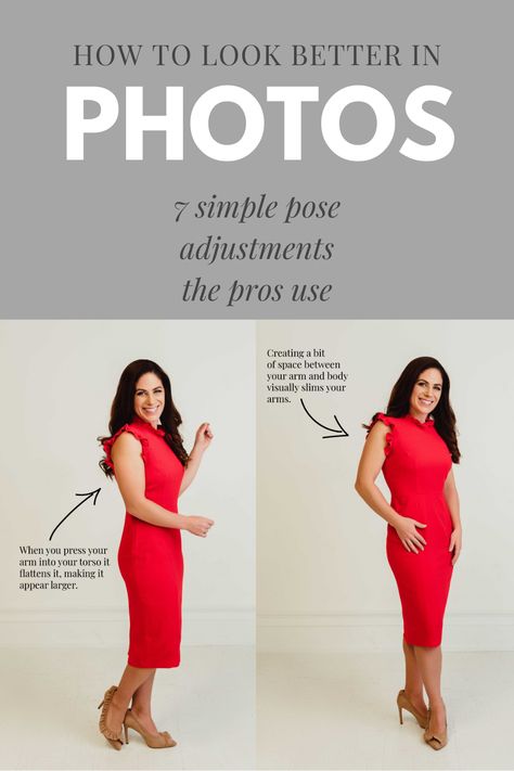 Want to look better in photos? It's all about learning how to pose! Here are 7 tips and tricks pro models, photographers, and bloggers use. These simple adjustments will help you feel more confident and love your images. Posing For Formal Pictures, Best Pose For Pictures Women, Posing Guide For Women Dress, How To Pose In A Bodycon Dress, How To Stand For Pictures In A Dress, How To Pose Thinner In Pictures, Best Way To Pose For Pictures Standing, Slim Photo Poses, Best Way To Pose For Pictures Tips