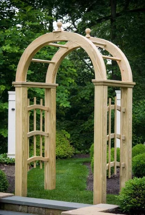 Classic garden arch Arbor Walkway, Wood Driveway, Cedar Arbor, New England Arbors, Wooden Gates Driveway, Backyard Structures, Wood Arbor, Garage Pergola, Wooden Arbor