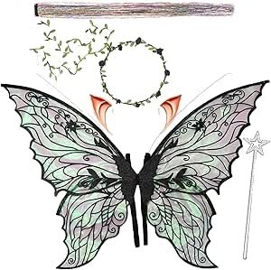 Fairy Wings for Adults and Girls，Fairy Costume Set with Floral Garland, Fairy Hair Tinsel, Wand & Elf Ears – 19"x24" Organza Butterfly Wings – Ideal for Cosplay, Party, Black Girls Fairy Costume, Fairy Hair Tinsel, Adult Fairy Costume, Organza Butterfly, Fairy Wings Costume, Fairy Ears, Black Fairy, Hair Tinsel, Fairy Hair