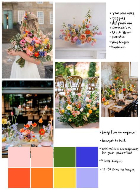 Wedding flower color palette and moodboard with preferred flower types Wildflower Wedding Palette Color Schemes, Colorful Wedding Moodboard, Wedding Color Schemes Wildflower, Multi Color Wedding Theme, Color Palette Flowers Colour Schemes, Summer Wedding Colors Bright Colour Palettes, Flower Arrangement Color Palette, Wildflower Wedding Colour Pallette, Bright And Bold Color Palette Wedding