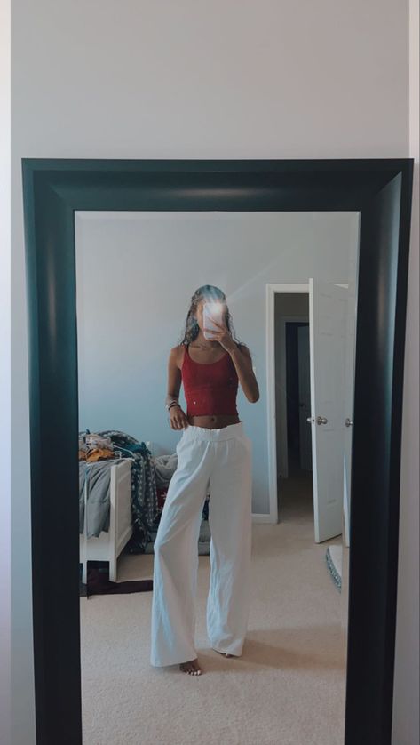 Red Tank Top Outfit Summer, White Lining Pants Outfit, Red Flowy Pants Outfit, White Flower Pants Outfit, Loose White Pants Outfit, White Yoga Pants Outfit, Float Pants Outfit, White Beach Pants Outfit, Flowu Beach Pants