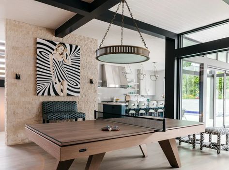 The Trigon Convertible from billiards to dining to ping pong by 11 Ravens | Wescover Tables Pool Table Tennis Dining Table, Living Room With Billiard Table, Convertible Pool Table, Ping Pong Dining Table, Convertible Pool, Sunset Villa, Ping Pong Room, Pool Dining, Modern Pool Table