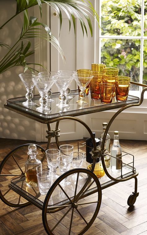 Liquor Cart, Vintage Drinks Trolley, Cocktail Trolley, Bar Cart Design, Cocktails Cart, Gold Bar Cart, Glass Bar Cart, Home Cocktail Bar, Basement Inspiration