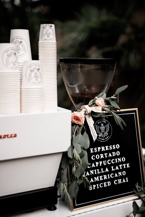 Coffee Cart Photoshoot, Espresso Bar At Wedding, Espresso Bar Wedding, Wedding Espresso Bar, Wedding Coffee Cart, Coffee Party Bar, Coffee Bar For Wedding, Coffee Cart Wedding, Wedding Coffee Station