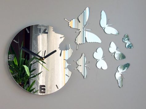 Butterfly Mirror, Mirror Wall Clock, Mirror Design Wall, Wall Clock Design, Unique Wall Clocks, Large Wall Clock, Wall Clock Modern, Butterfly Wall, Mirror Designs